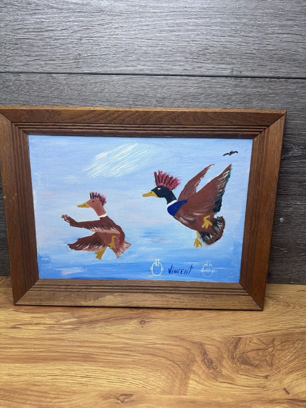 Whimsical Mallard Ducks Folk Art Original Painting Framed ~Artist Signed 17×13”