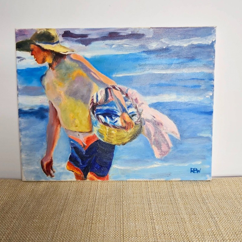 Original Acrylic Beach Painting Signed REW Inspired by Sorolla Coastal Art 14×11