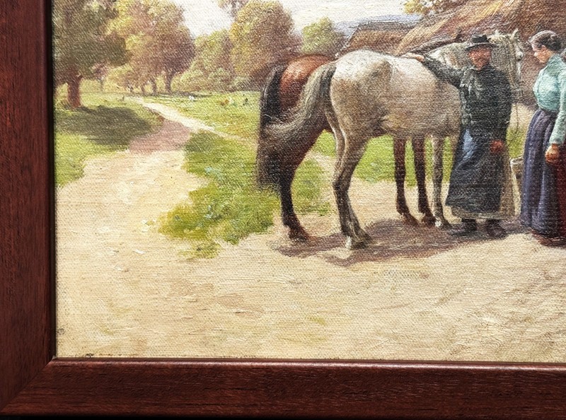 Hermann Reisz (Austrian), ANTQ Orig. Realism O/C "Begegnung vor dem Dorf" Signed gallery