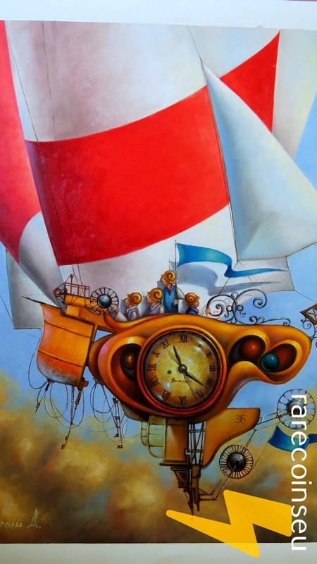 Mechanical world flying ship steampunk painting oil on canvas original not copy gallery