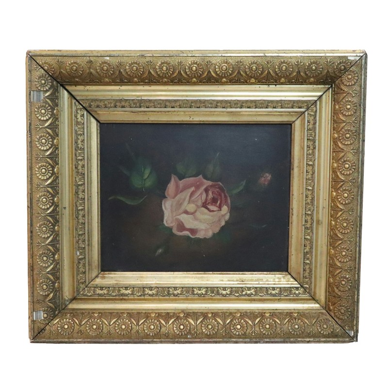 Antique Rose Oil On Board Painting Floral Ornate Frame 19th Century American