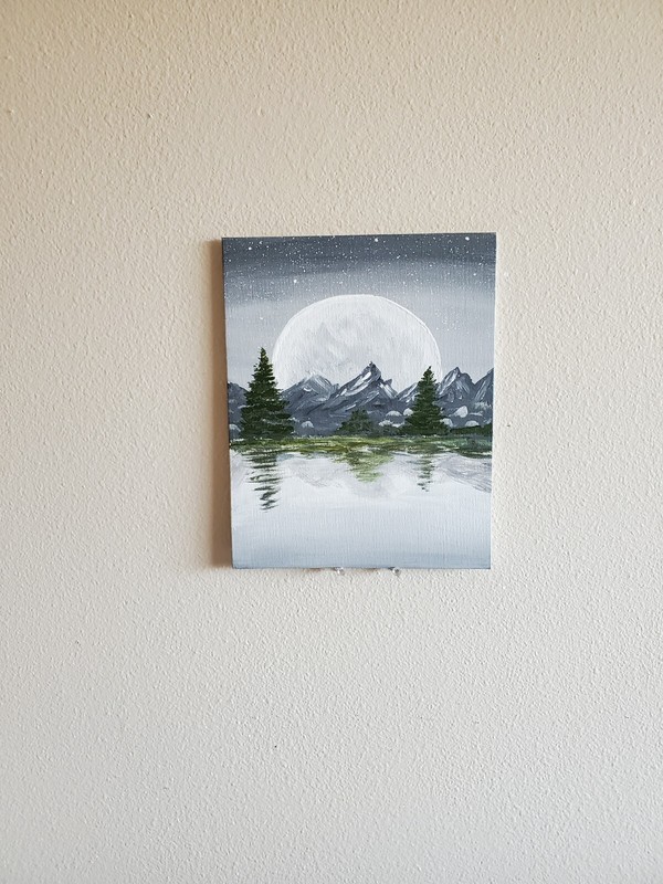 Handmade Painting Acrylic Art Panel 10x8x1/16in Decor Night Moon Mountains Lake gallery