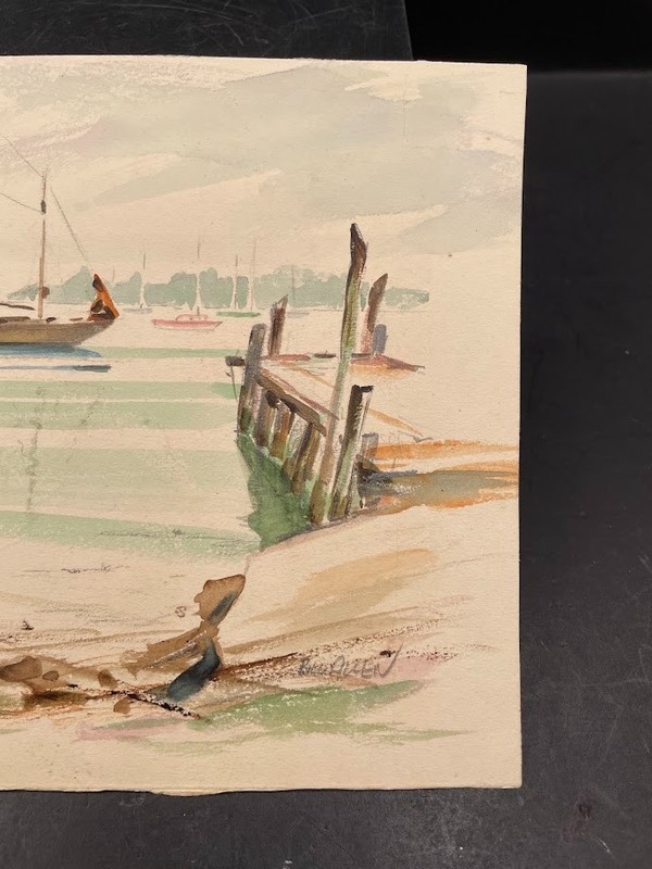 Small Unframed Watercolor Painting Boats Dock Beach Seaside Signed Bill Allen gallery