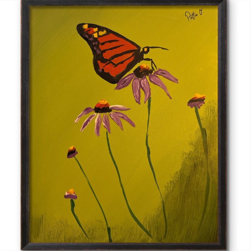 Butterfly Flowers Contemporary Folk Art Painting 14×11 Canvas Signed Home Decor