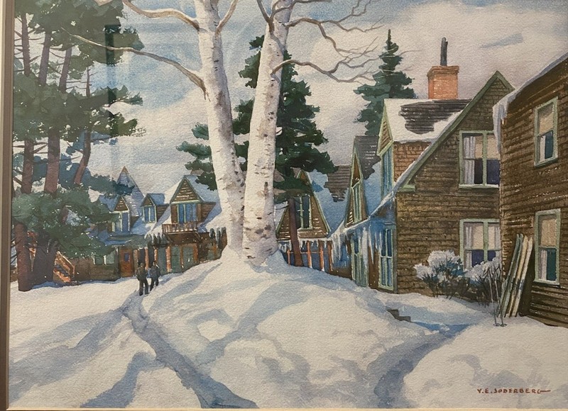 Signed Y.E. Soderberg Winter Village Print New England Snow Scene Framed 17x21 gallery