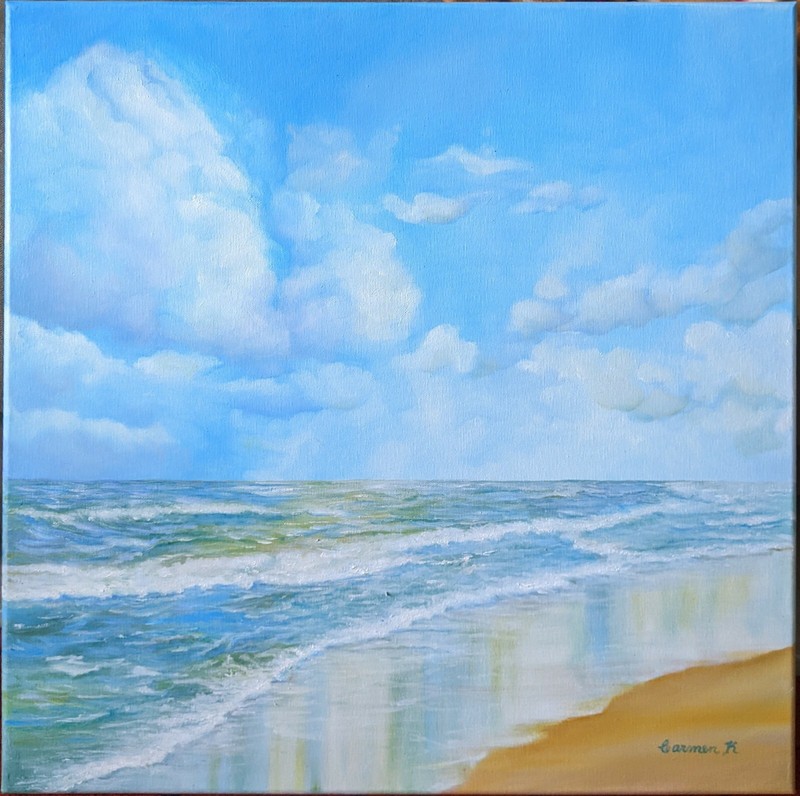 Sea scape oil painting, beautiful light day at sea, 23 x 23, new original