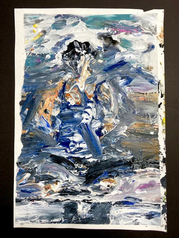 «Sitting» Yoga Pose Woman Impressionist Blue Painting by Steven Tannenbaum