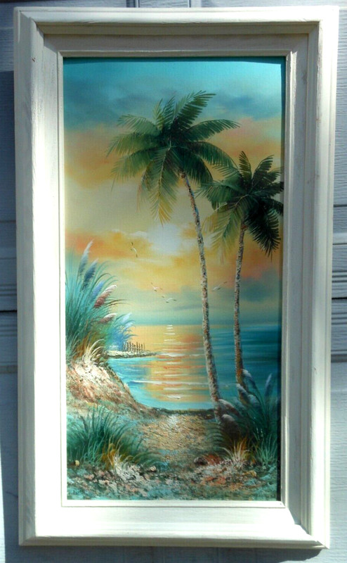 K Cummings Florida Sunset Painting Palm Trees Beach Sea Oats Seagulls 24″ x 12″