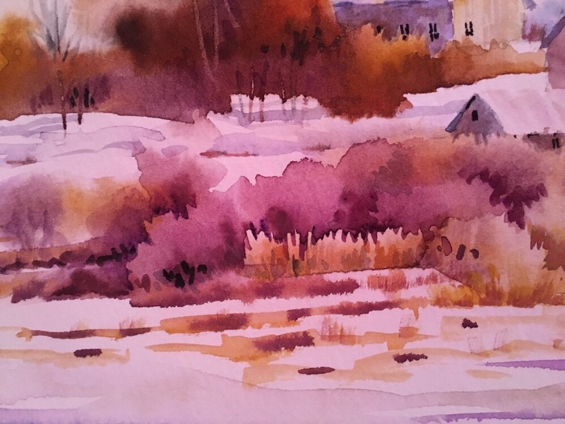 8x10 Pamela Wilhelm Original Watercolor Golden Autumn Barns Fields & Moody Sky gallery