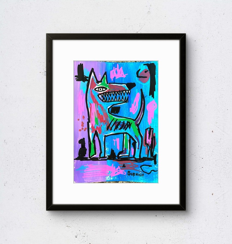 Original Blue Dog 7 x 10 Paper Pop Art Abstract Neo Expressionist Painting