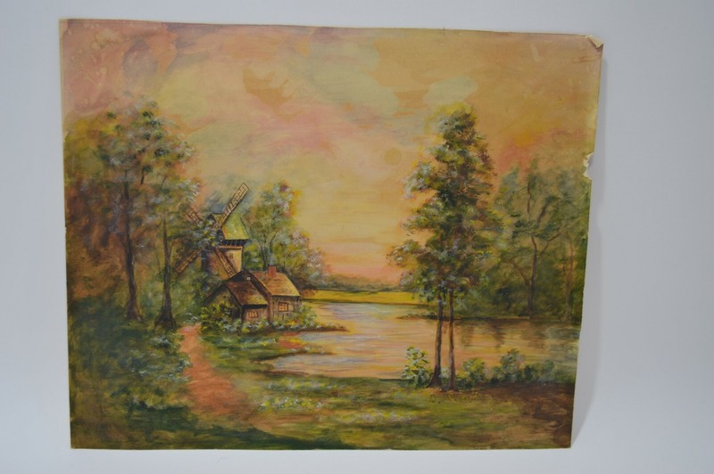 Landscape Windmill Waterfront Evening Sky ORIGINAL PAINTING Signed 1954 on Paper