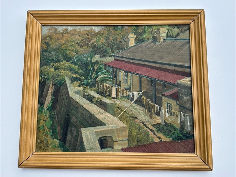 Antique Painting Landscape Impressionist LAUNDRY HANGING CLOTHES ARCHITECTURE
