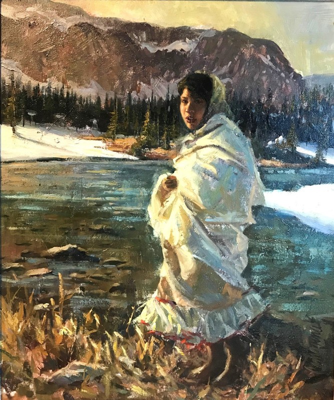 Miguel Camarena «Winter Sunshine» Native American Girl Oil On Canvas 20″ x 24″