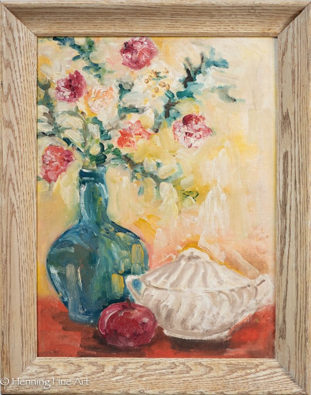 Beautiful Vintage Impressionist Oil Painting Flowers with Blue Bottle, Porcelain