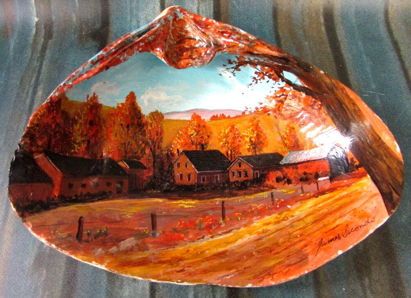 Miniature Country Homestead Landscape Painting Seashell Signed James Secondo VTG gallery