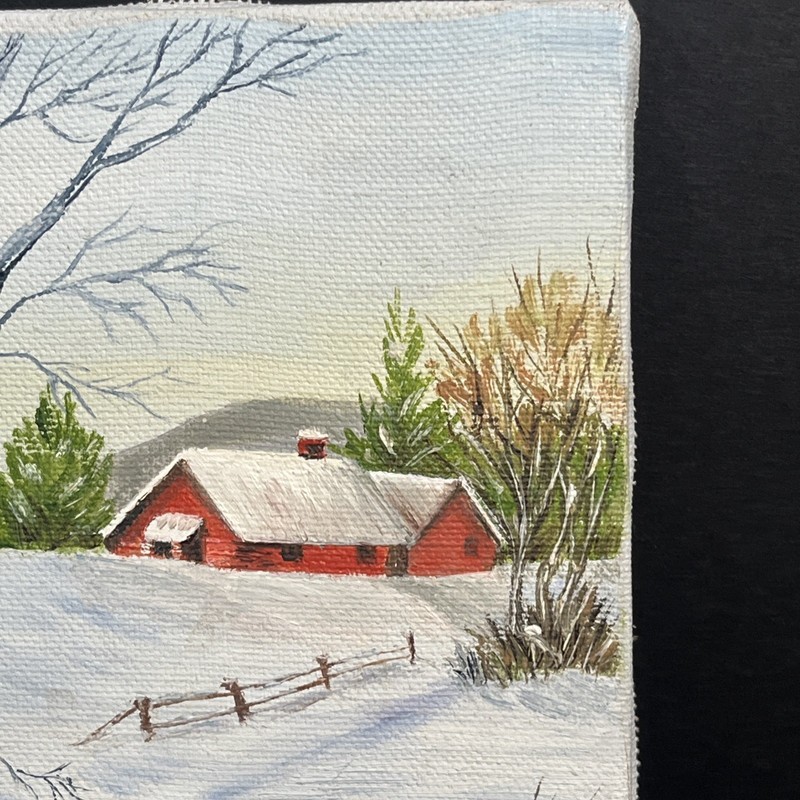 Vintage folk art mini winter landscape oil painting country farm red barn Birch gallery