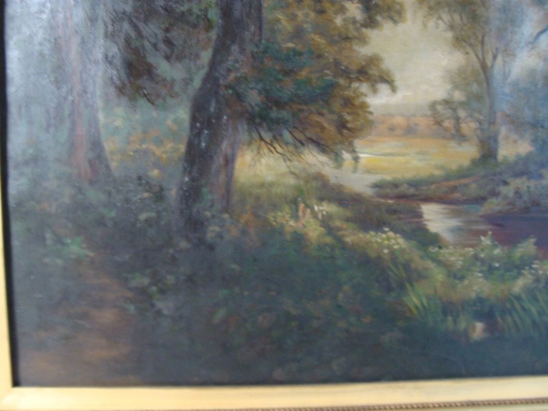 Antique 19C Woodlands River Landscape O/C Painting gallery