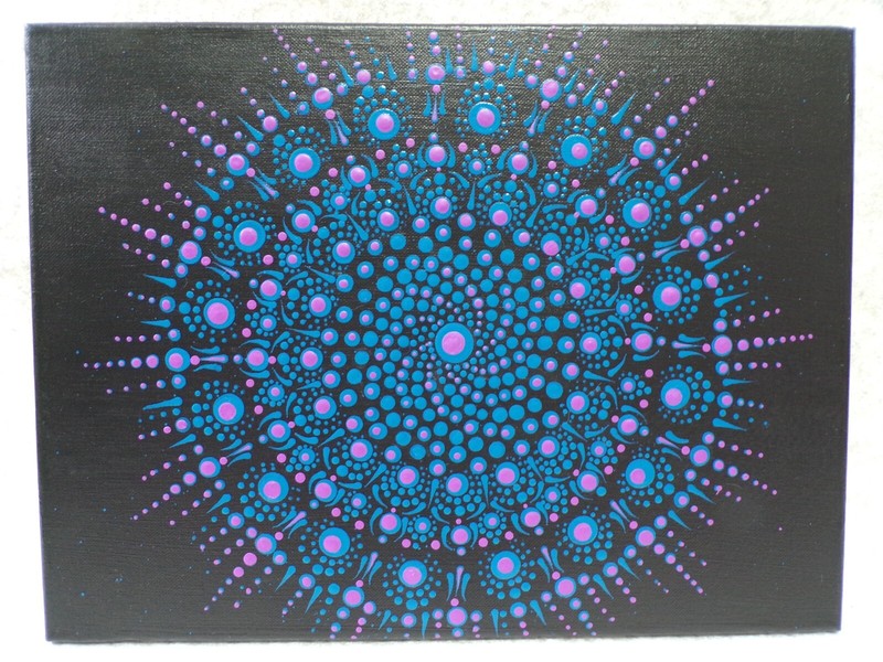 MANDALA BLUE + PURPLE DOT ART PAINTING ON 16 x 12 BLACK CANVAS BY UNKNOWN ARTIST