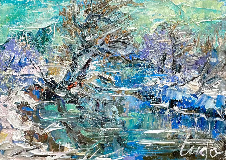 Colorful Winter Landscape Oil Painting on Canvas Board Original Art Size 5×7 in