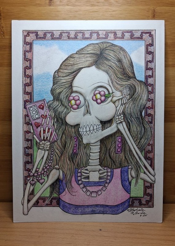 Original Color Pencil Drawing Day of the Dead Skeleton Calavera 9 x 12 Pink Red