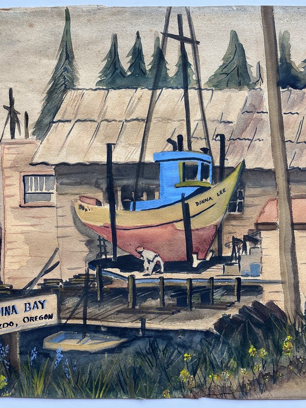 Vintage Oregon Coast Bay Boathouse Fishing Boat Workers Landscape Folk Painting gallery