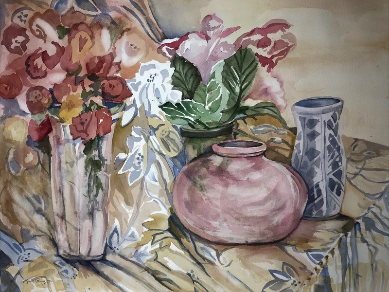ORIGINAL ART Watercolor Floral Still Life Signed Joan Perry 24”h X 18”w