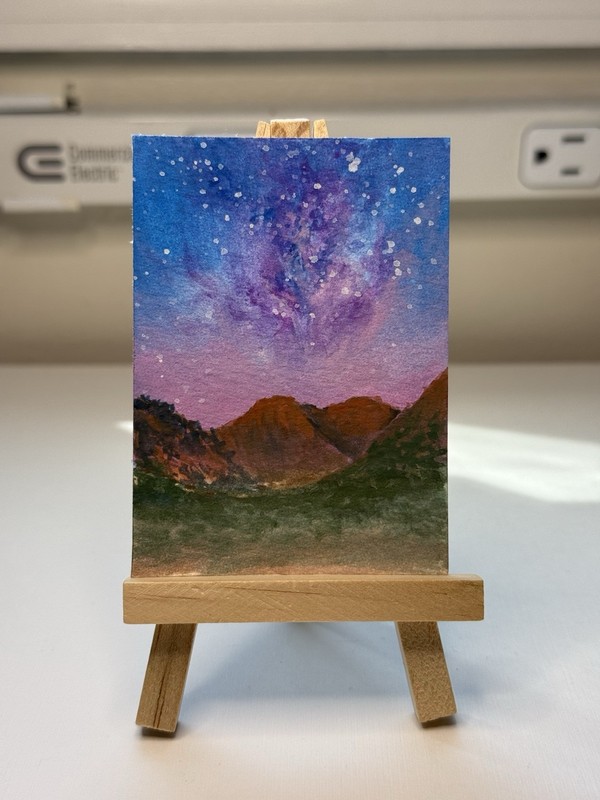 ACEO Original- Galaxy Sky Mountain Landscape Gouache painting 2.5×3.5 Artbysusi