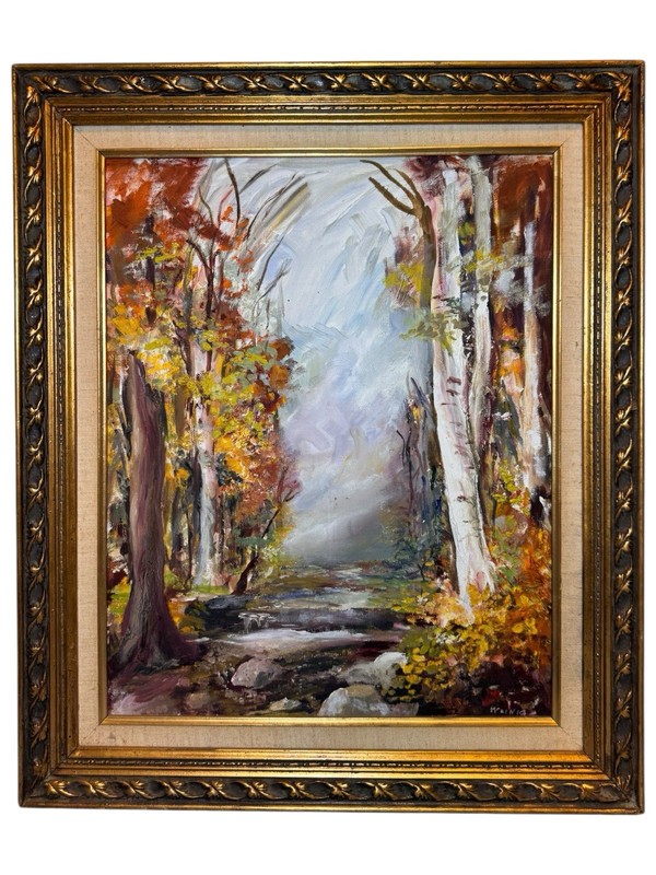 1960s Oil Painting ORNATE Wood Frame AUTUMN FOREST LANDSCAPE by “Weinig” 26 X 22