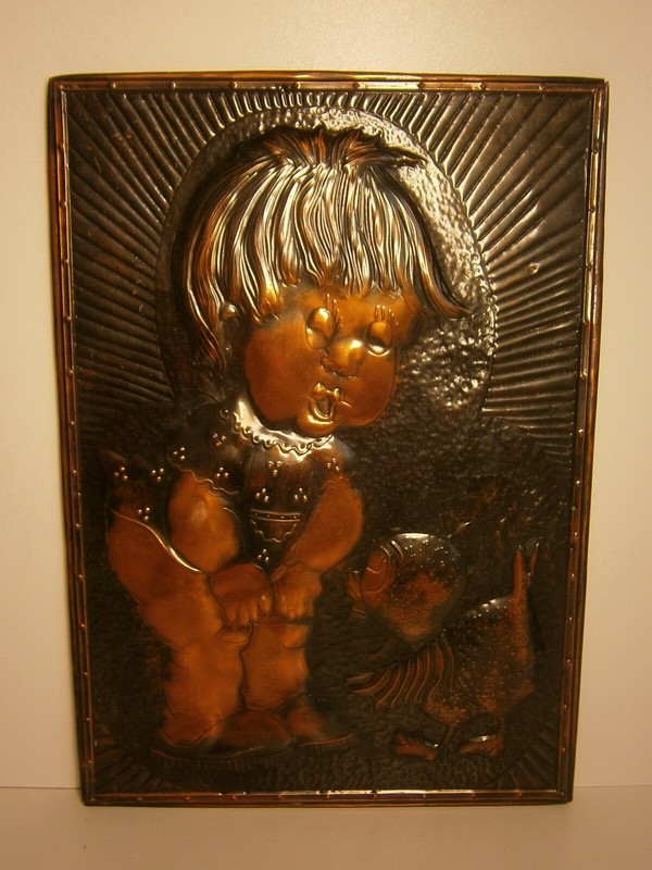 Girl Playing w Chicken Vtg Wall Art Metal Picture Soviet Farm Child Kid Painting