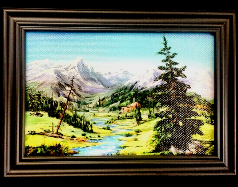 Original Miniature Digital Painting Framed Canvas Landscape 4″ x 6″ Mountains