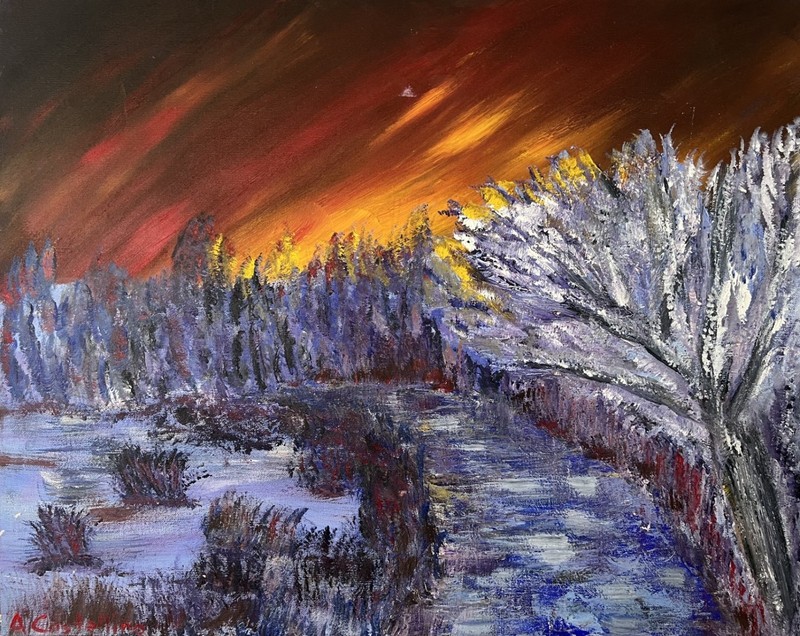 30 x 24 Untitled winter sunset acrylic painting on canvas by A. Castellino, OOAK