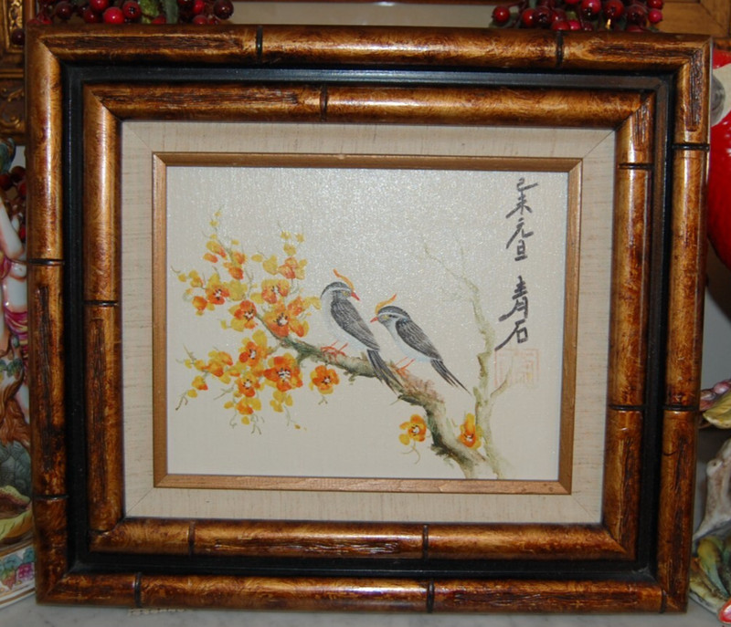 VTG 1980S SIGNED FRAMED ORIGINAL OIL ORIENTAL STYLE BIRDS AND BLOSSOMING TREE