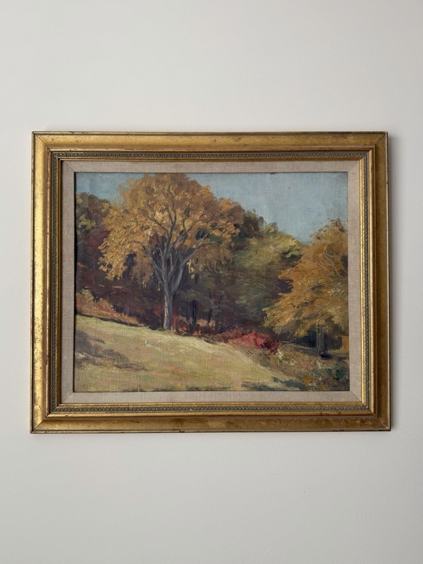 Vintage American Autumn Landscape Oil Painting on Canvas Laid to Board Framed