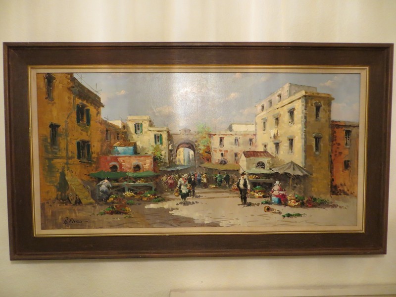 Huge beauty!Vintage mid-century O/C R.FLAVINID 55″x31″ ITALIAN market scene
