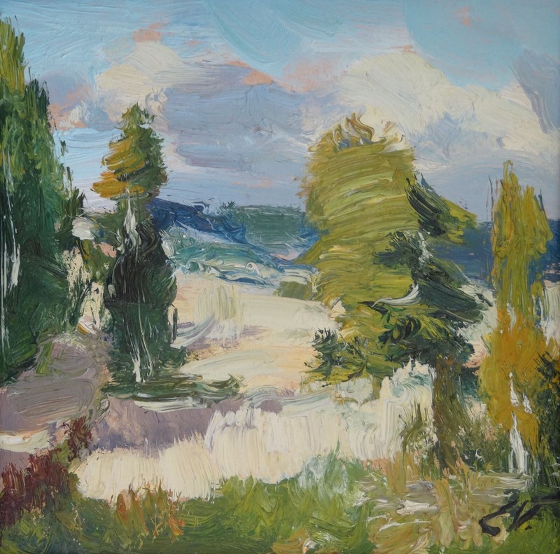 Sunny landscape. Oil on cardboard, 16,7×17,7 cm