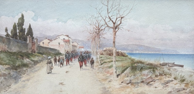PIERRE COMBA Antique French Painting Soldiers Nice 1895
