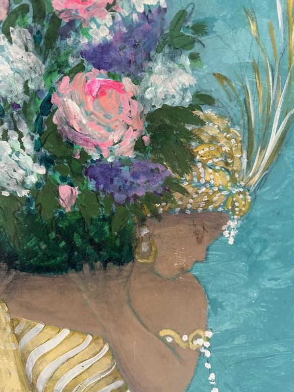Vintage Figurative Art Painting Woman Floral Flower Gold Headdress Signed 24x28 gallery