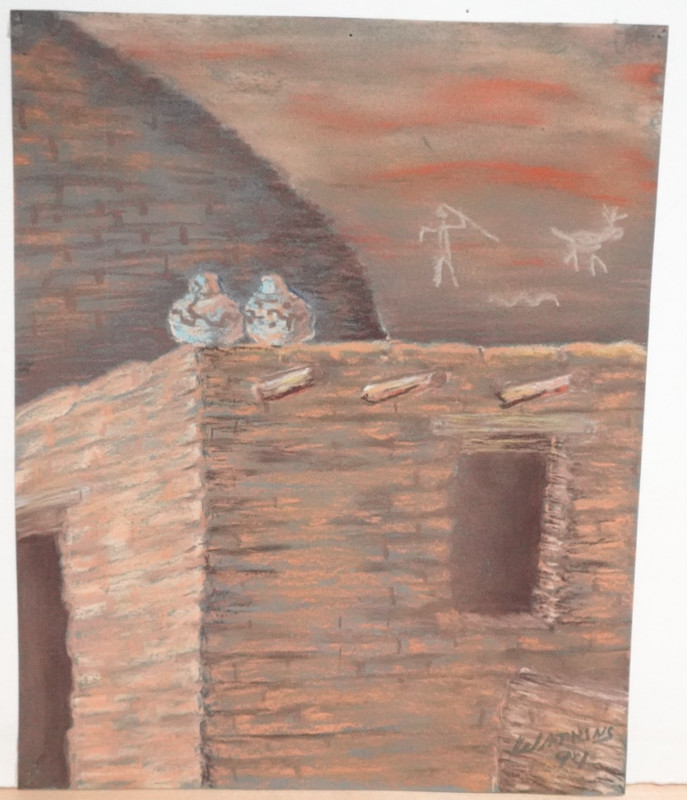 WILLIAM BEDELL WATKINS AZTEC ADOBE BUILDING SCENE PASTEL ON PAPER PAINTING