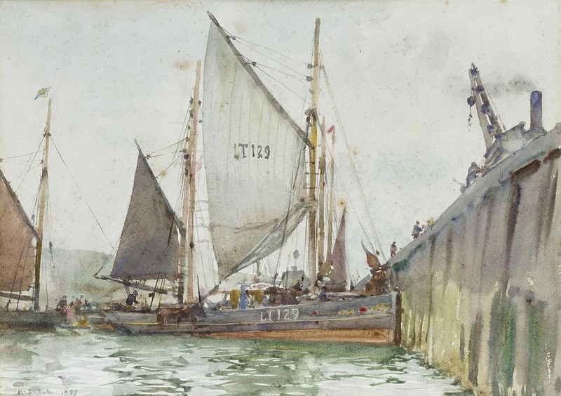 Oil painting Henry-Scott-Tuke-A-Lowestoft-trawler-coming-alongside-the-quay art