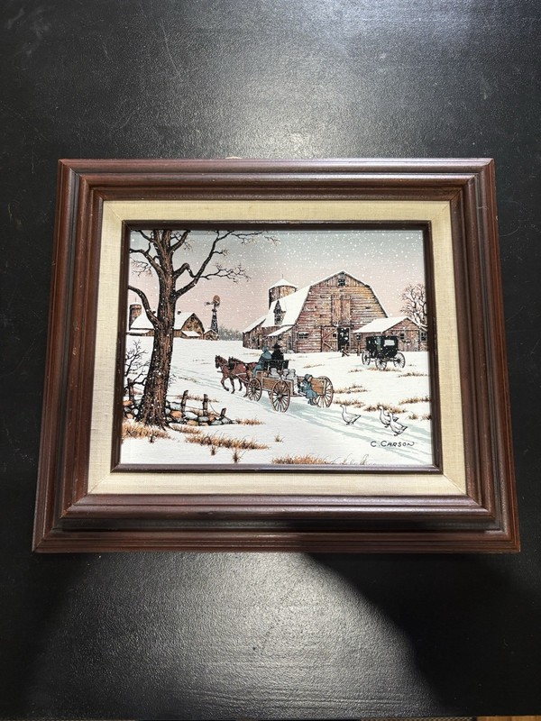 Framed C. CARSON Oil Painting Country Amish Winter Scene