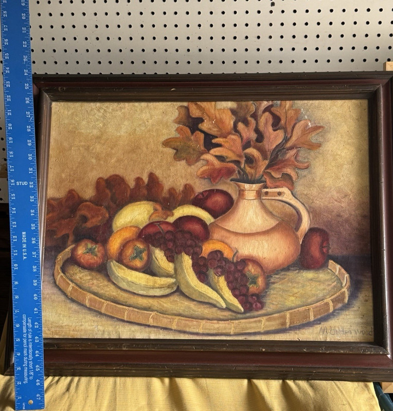 Matthew Wood Framed Still Life Painting Fruit Vase Leaves Signed 17 x 27 in