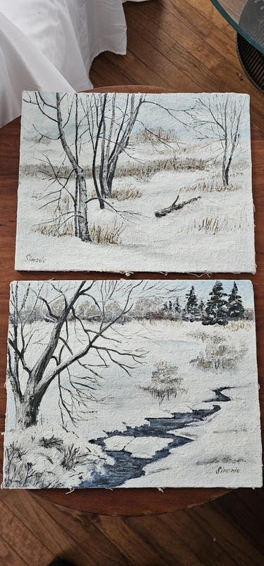 Vtg Handpainted Winter Field Countryside Stream Cloth Canvas on Board Signed