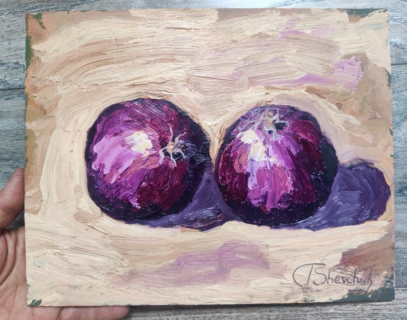 Onions Original Oil Peinting Still Life Kitchen Hand Painted Modern Art 10x8 in gallery