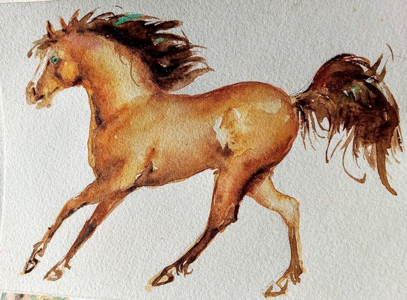 Palomino Horse running art Original watercolor,equine,equestrian,stallion runnin