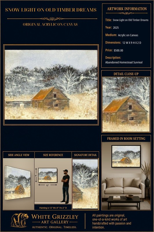 White Grizzley Snow Light on Old Timber Dreams Original OOAK Framed 12×9 2025