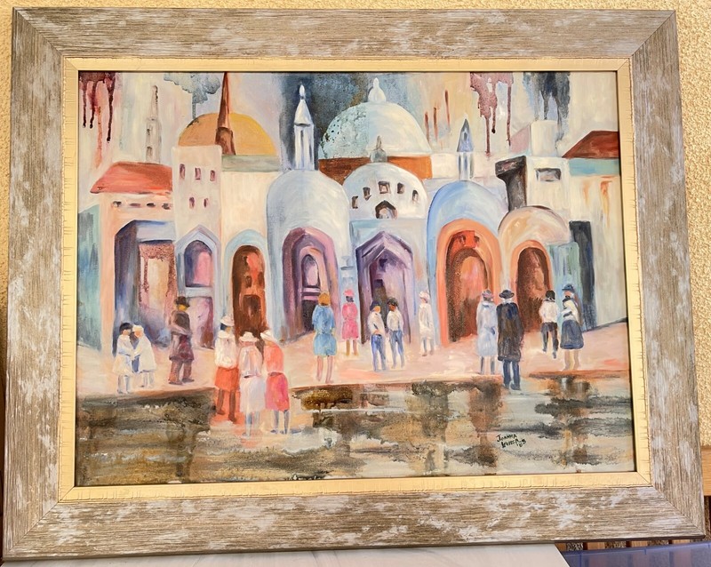 Beautiful Acrylic On Canvas City Scene Drip Painting By Joanna LANZA ’83