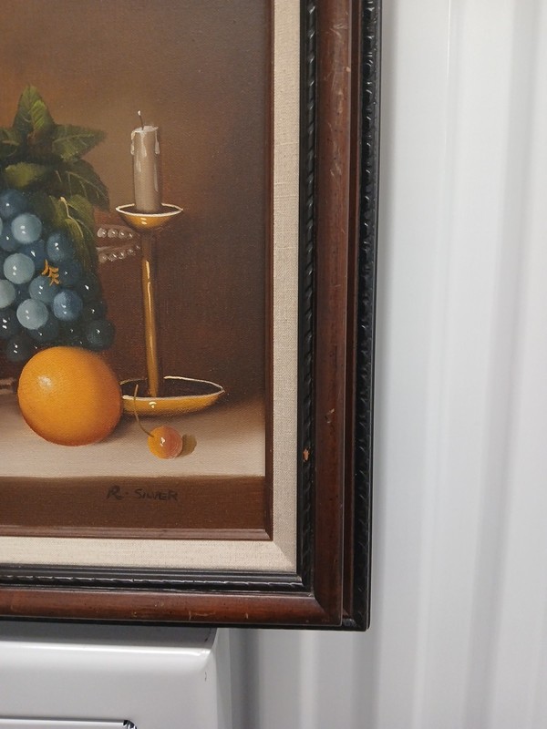 Vintage Still Life Oil Painting by R. Silver 12x16 Framed Collectors Corner Art gallery