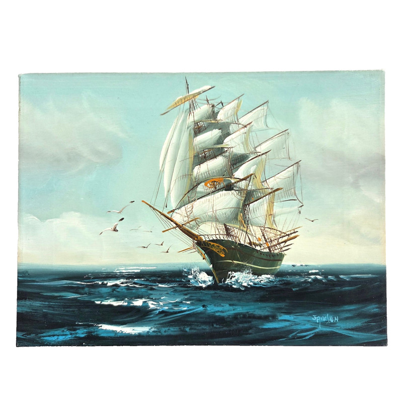 Vintage Hewitt R Jackson Oil Painting Art Boat Sea Seascape 16″x12″ Canvas Blue