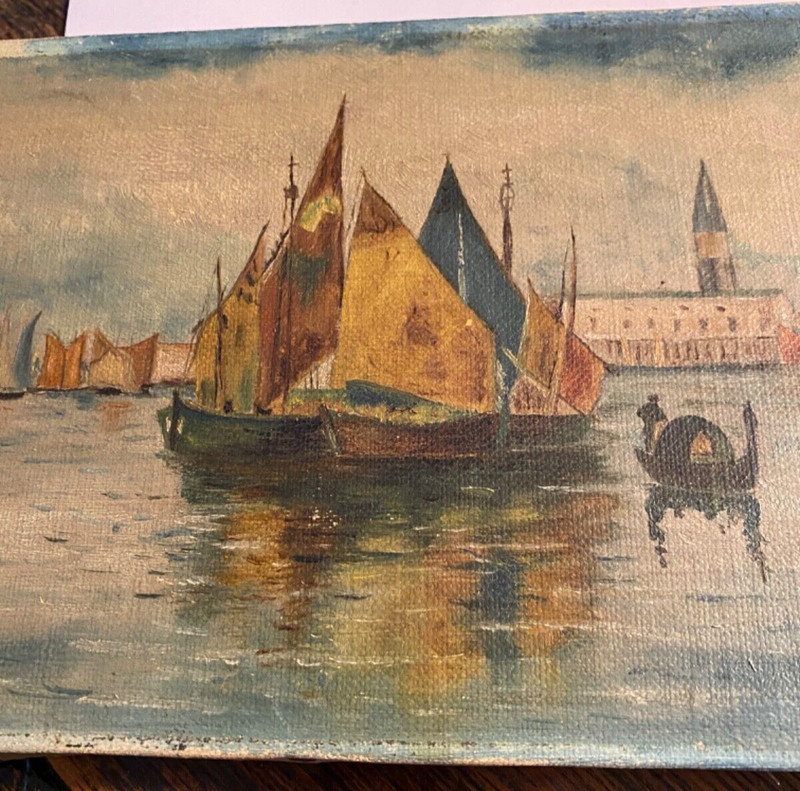 Antique OIL Painting 14 x 5 Unframed Moody Grand Canal Venice Gondola unsigned gallery