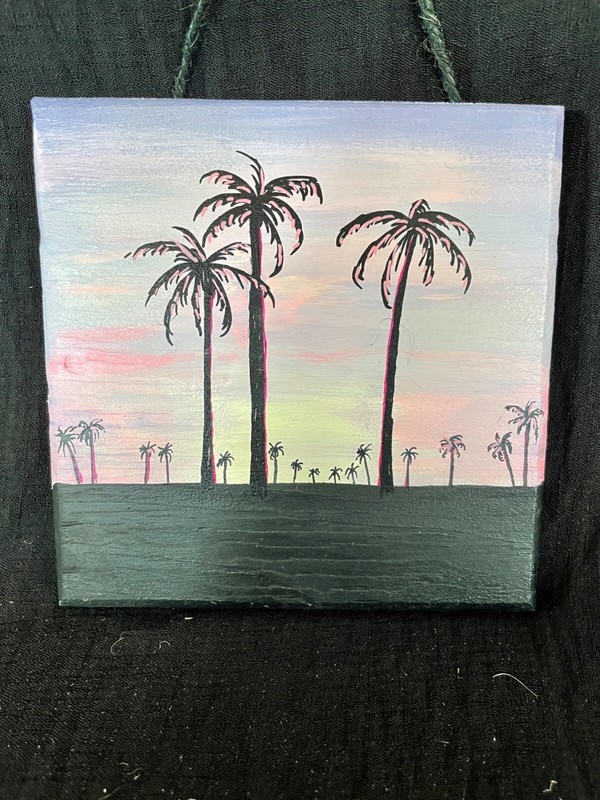 art work, hand painted, refurbished wood, 4 x 4. Hang on wall, sunset, palm tree